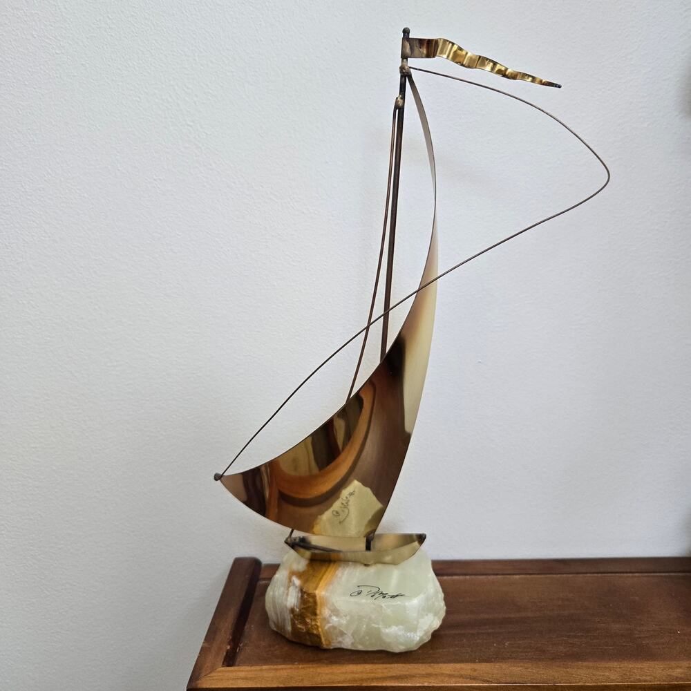 Vtg John DeMott Sailboat Sculpture Brass Copper Marble Base Signed Nautical